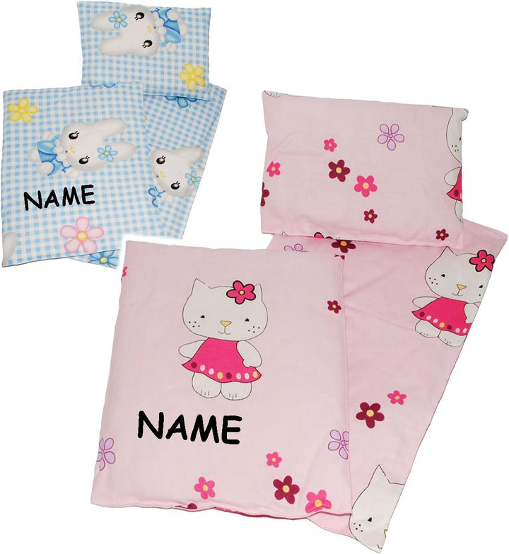 6 TLG. Set 2 Stück Puppendecken & 2 Kissen - mit 2 Unterlagen - aus 100% Baumwolle - Stoff - Bettwäs