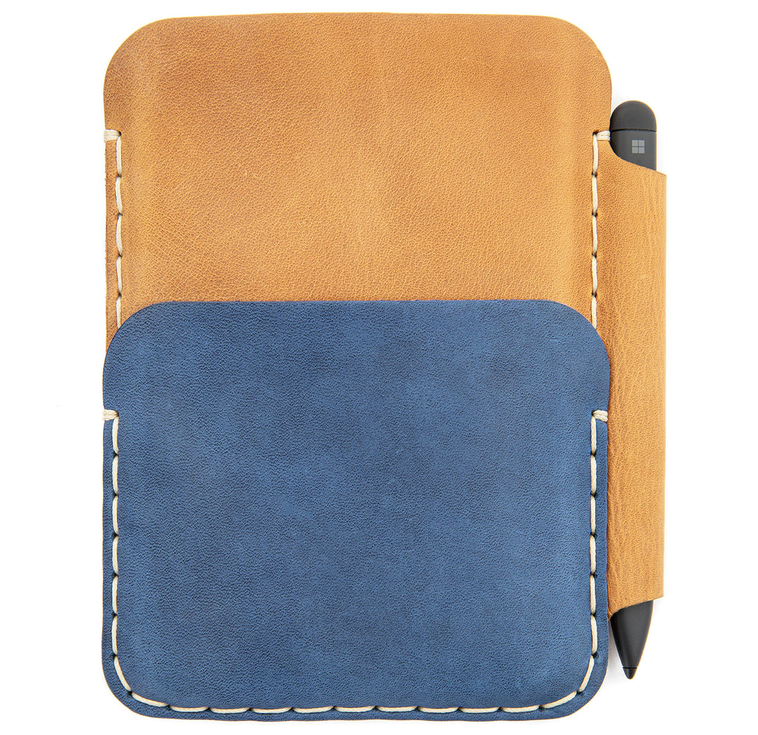 Leder Tasche für Microsoft Surface DUO 2 mit PEN Tasche (für Duo 2 mit Pen Cover, Blau - Braun) für