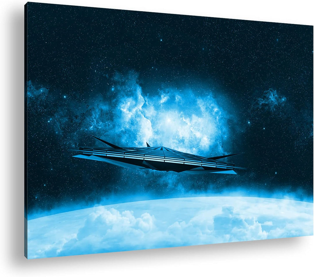 deyoli beeindruckendes Raumschiff im Universum Format: 80x60 Effekt: Monocrome Blau als Leinwand, Mo
