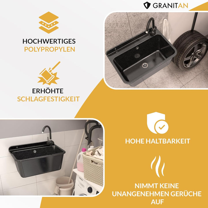 Granitan Ausgussbecken für Garage Keller Werkstatt - Universal Waschtrog mit Siphon - Waschbecken mi