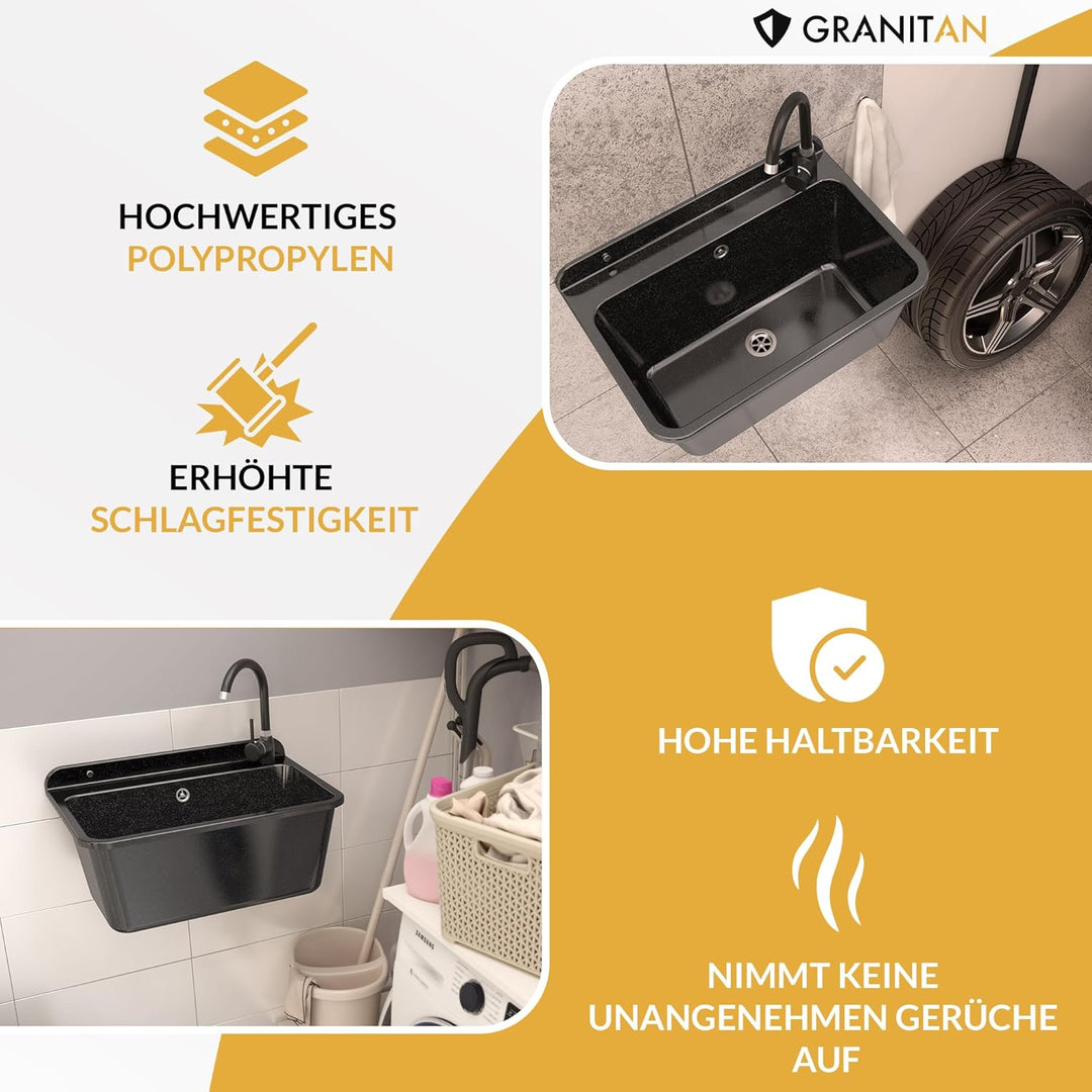 Granitan Ausgussbecken für Garage Keller Werkstatt - Universal Waschtrog mit Siphon - Waschbecken Wa