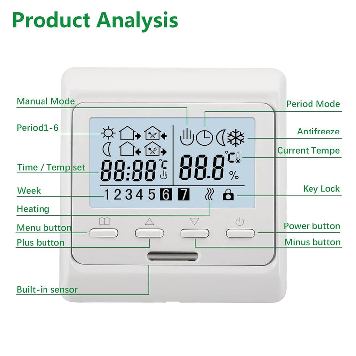 Wengart Heimthermostat WG806,AC230V,3A,wöchentliche Programmierung,6 Zeiträume,LCD-Digitalanzeige zu