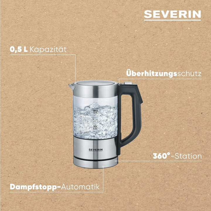 SEVERIN Digitaler Mini Glas Wasserkocher, kompakter Wasserkocher mit Temperaturauswahl, elektrischer