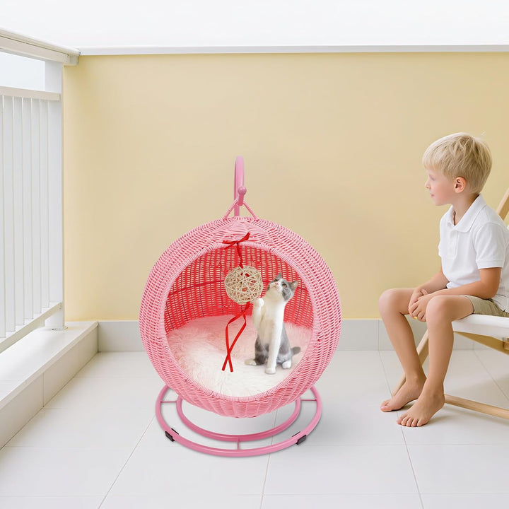 KatzenhäNgematte,Rattan äHnliche HäNgekorb-KatzenhöHle, Freistehend, Gelb Braun Rosa 7,5 Kg Lasten K
