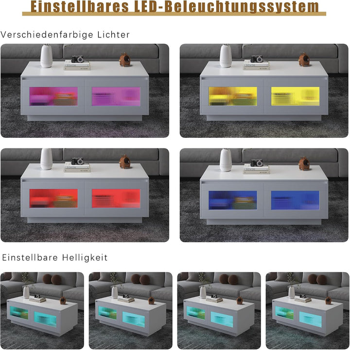KEEPREAPER Couchtisch Wohnzimmertisch mit LED Beleuchtung, Sofatisch mit 2 Ablagefächern für Wohnzim