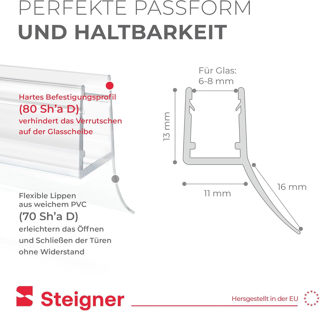 STEIGNER Duschdichtung, 140cm, Glasstärke 6/7/ 8 mm, Gerade PVC Ersatzdichtung für Dusche, UK12 Vorg