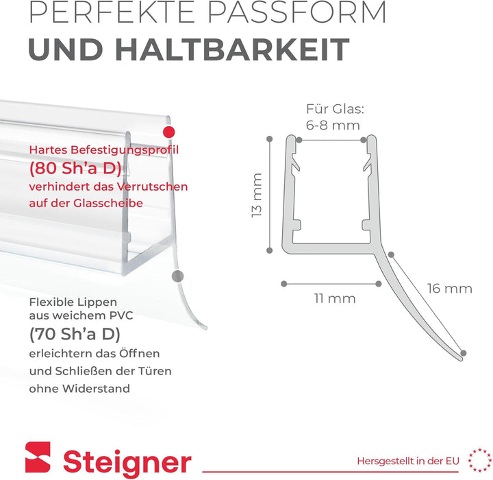 STEIGNER Duschdichtung, 120cm, Glasstärke 6/7/ 8 mm, Vorgebogene PVC Ersatzdichtung für Runddusche,