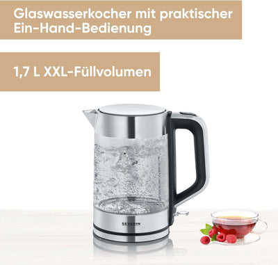 SEVERIN 3420-000 WK 3420 Wasserkocher, 2200, 1.7 liters, Glas-Edelstahl-gebürstet/schwarz