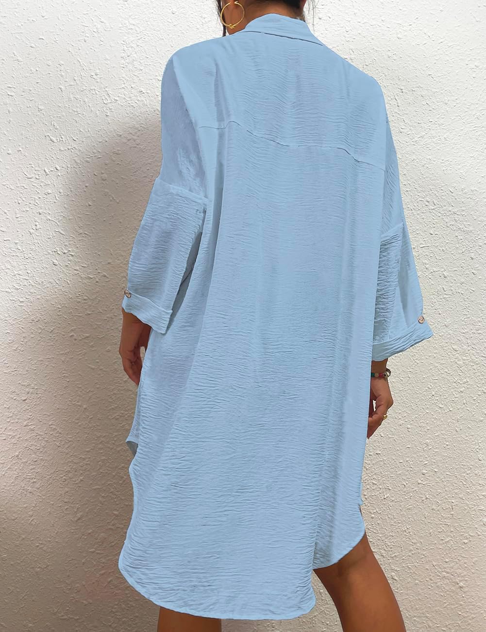 Frauen Badeanzug Coverup Shirt Kleid Button Down Badeanzug Cover Up Beachwear, B-hell Blau M