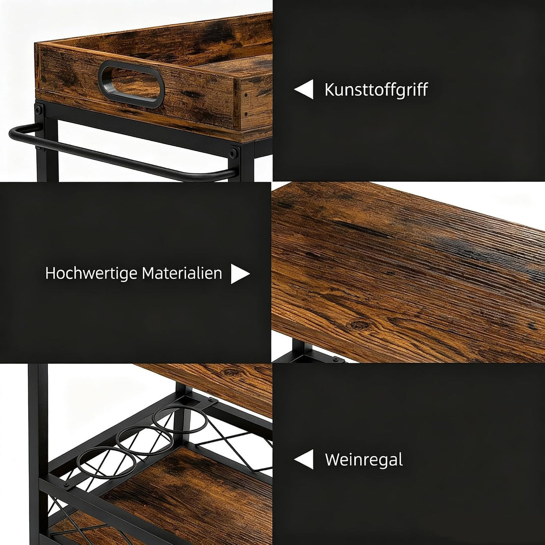 Servierwagen Küchenwagen aus Eisen und Holz 61 x 46 x 85 cm – Rollwagen mit 4 Rollen, Vintage-Design