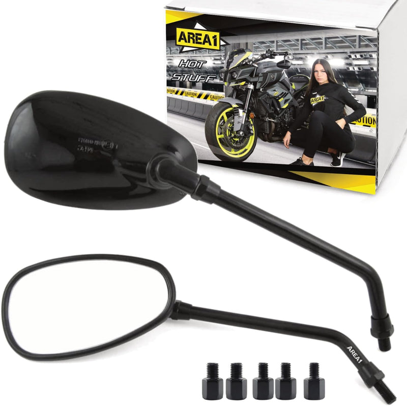 Area1 Motorradspiegel Oval Schwarz glänzend Custom Retro Vintage Chopper Motorrad Rückspiegel Set E