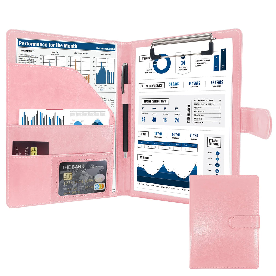 Schreibmappe A5 Klemmbrett Mappe mit Magnetischer Verschluss, organizer büro mappe, Rosa Ordner, Dok