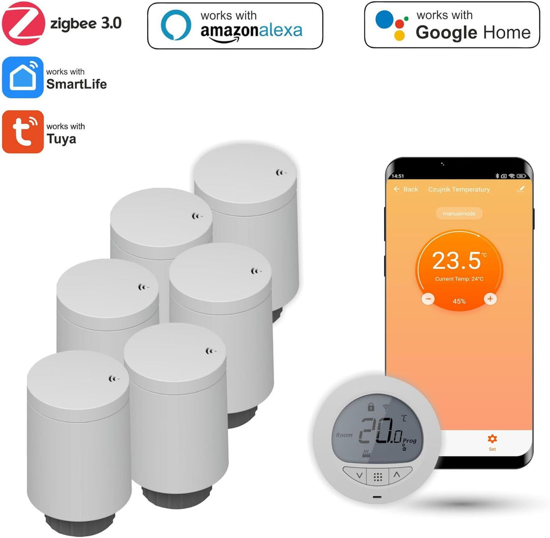 Automat-on Set für Fussbodenheizung mit 6X Smart Heizkörperthermostat und Zigbee Thermostat Fussbode