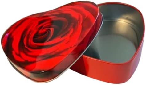 Geschenkdose Rose Love - Flache rote Dose in Herzform mit Rosenmotiv - lebensmittelecht - Herzdose,