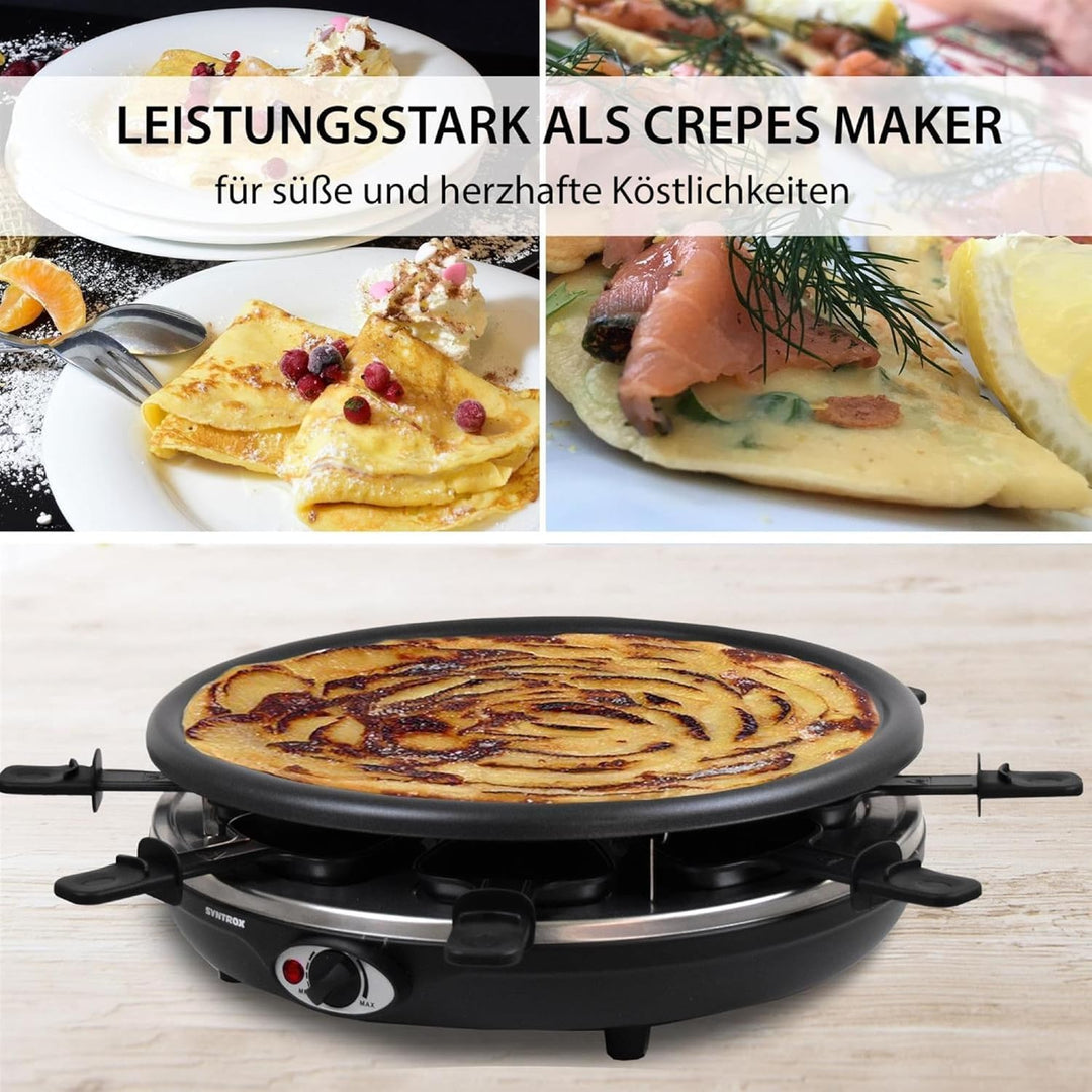 Syntrox Germany Raclette Wades 8 Personen, 1350W mit Fondue und Wechselplatten, Emailliertes Design