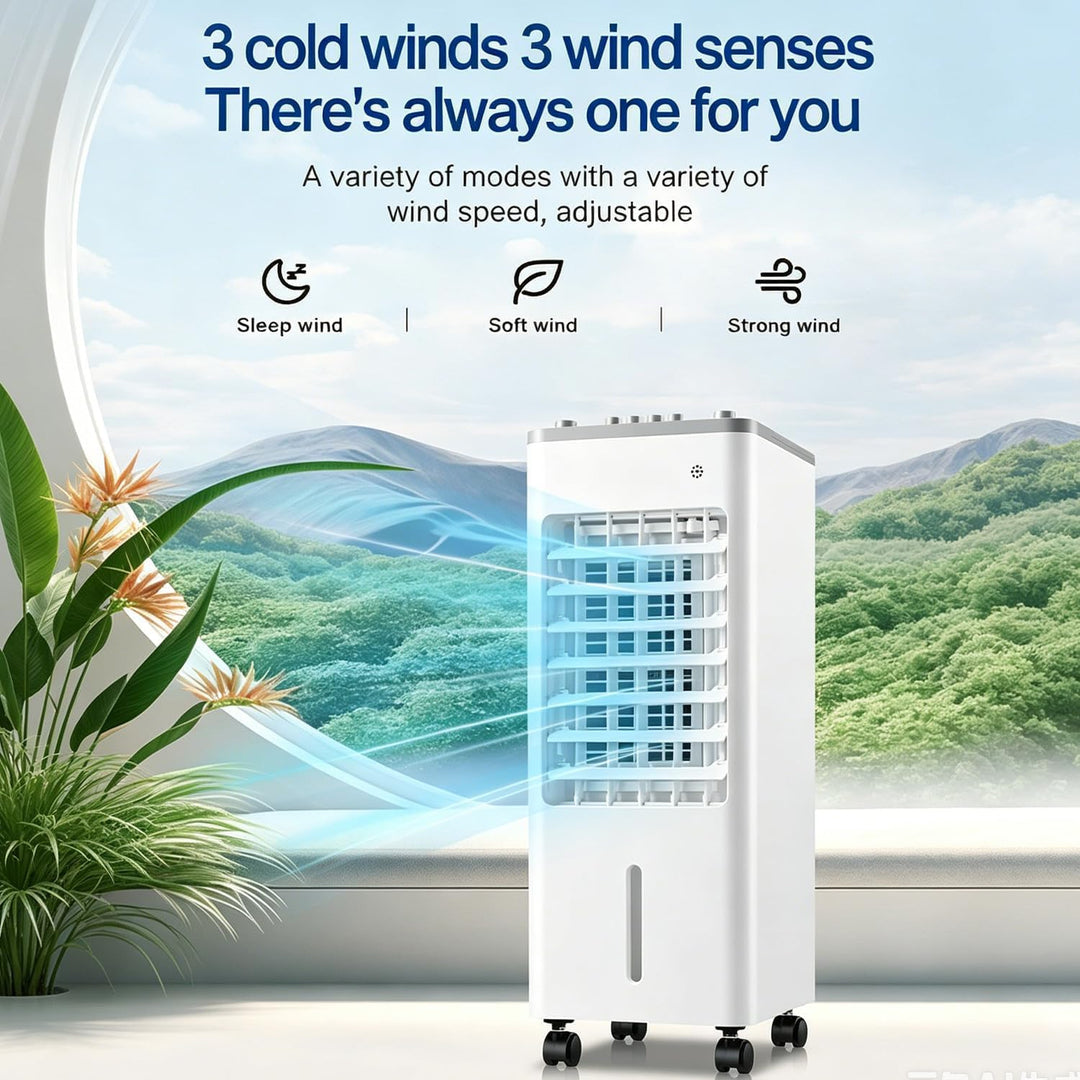 Ventilator mit Wasserkühlung, 6-Liter Verdunstungskühler mit Fernbedienung & 2 Kühlakkus, 4-in-1-Rau