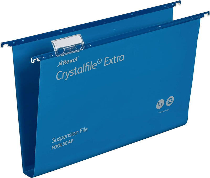 Rexel CrystalFile Extra Hängemappen (Polypropylen, 30 mm Boden, Format Foolscap) 25 Stück blau, blau