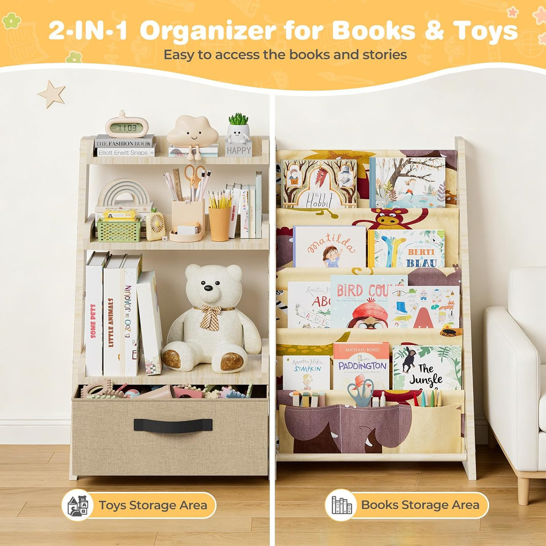 Kinderregal mit Spielzeugorganizer 2-in-1 – Bücherregal aus Holz &amp; Stoff mit 4 Fächern, Schublade &amp;