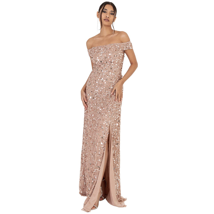 Maya Deluxe Damen Ladies Maxi with Slit Split Bardot Sleevless Sequin Embellishment Evening Gown for