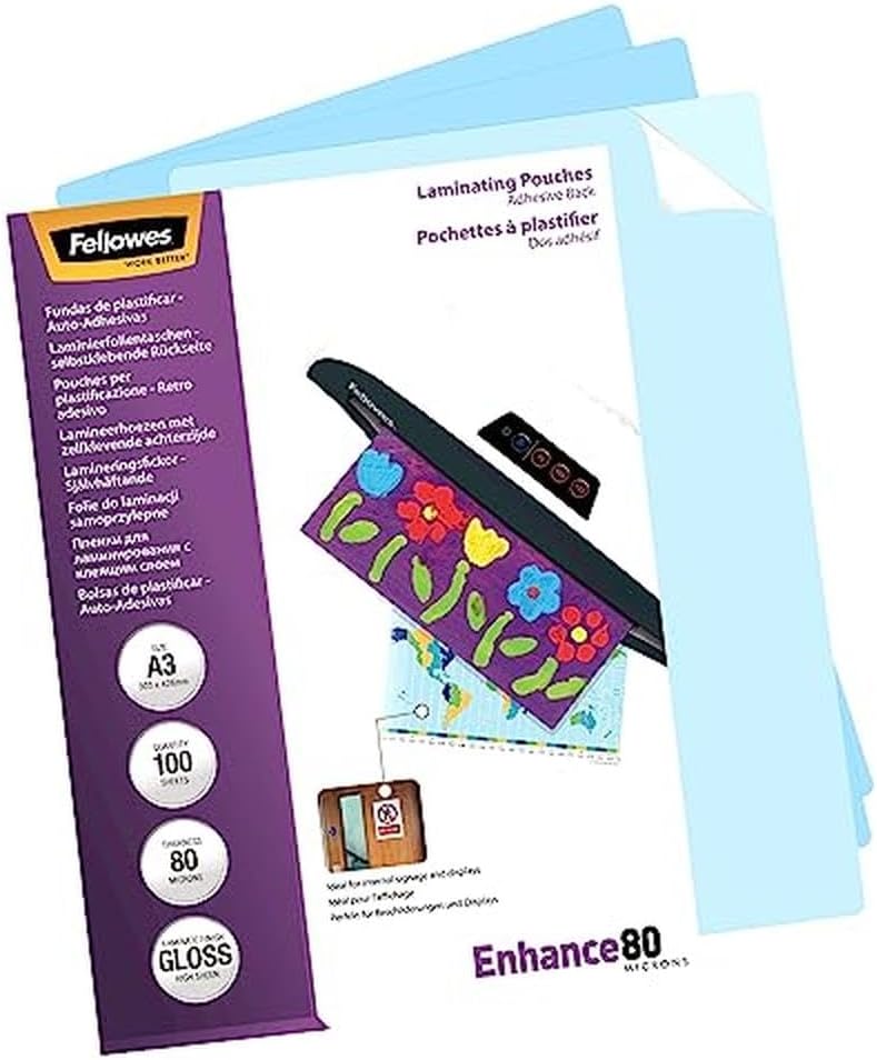 Fellowes Laminierfolie A3, 80 Mikron (2 x 80 mic), Heisslaminierfolien mit selbstklebender Rückseite