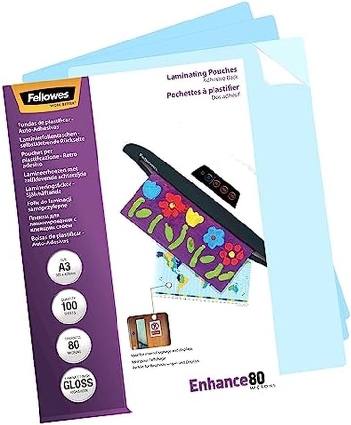 Fellowes Laminierfolie A3, 80 Mikron (2 x 80 mic), Heisslaminierfolien mit selbstklebender Rückseite