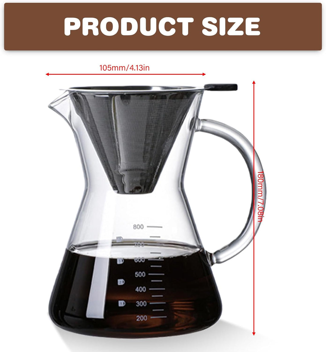 Pour Over Kaffeebereiter, 800 ml Borosilikat Glaskanne mit doppelschichtigem Edelstahlfilter, Kaffee