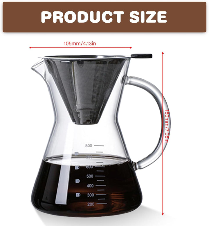 Pour Over Kaffeebereiter, 800 ml Borosilikat Glaskanne mit doppelschichtigem Edelstahlfilter, Kaffee