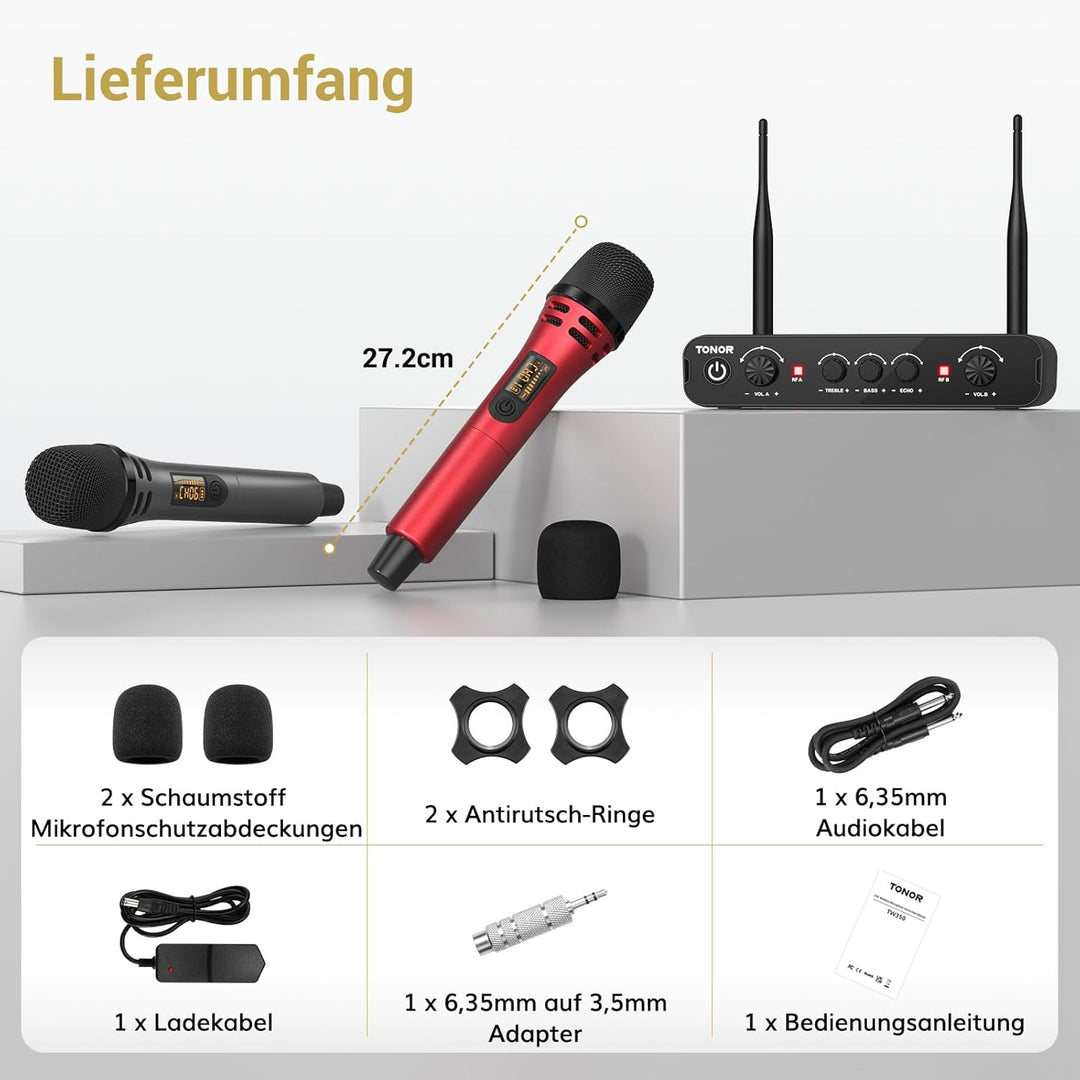 TONOR Dual Funkmikrofonen System kabellos, drahtloses Karaoke Mikrofon Set Wireless Microphone Handm