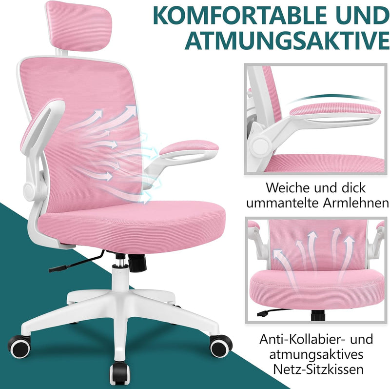 FelixKing bürostuhl, Schreibtischstuhl aus Mesh mit Hochklappbaren Armlehnen, office chair mit Verst