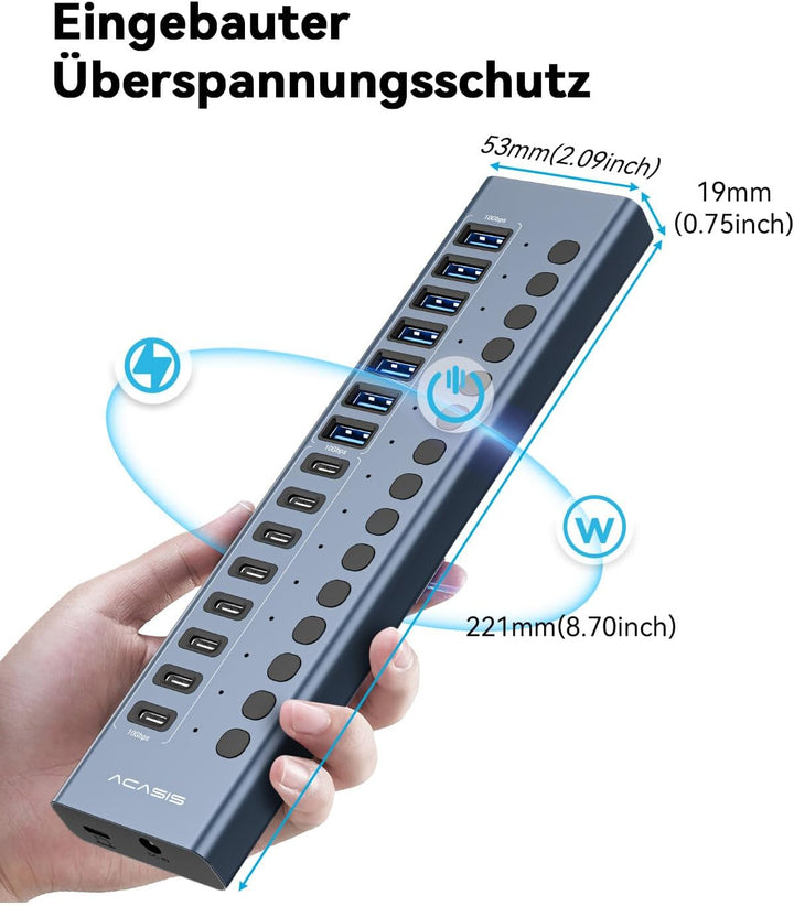 ACASIS USB-3.2-Hub mit 16 Anschlüssen (8 USB-A 3.2-Anschlüsse + 8 USB-C-3.2-Anschlüsse), Aluminium-U