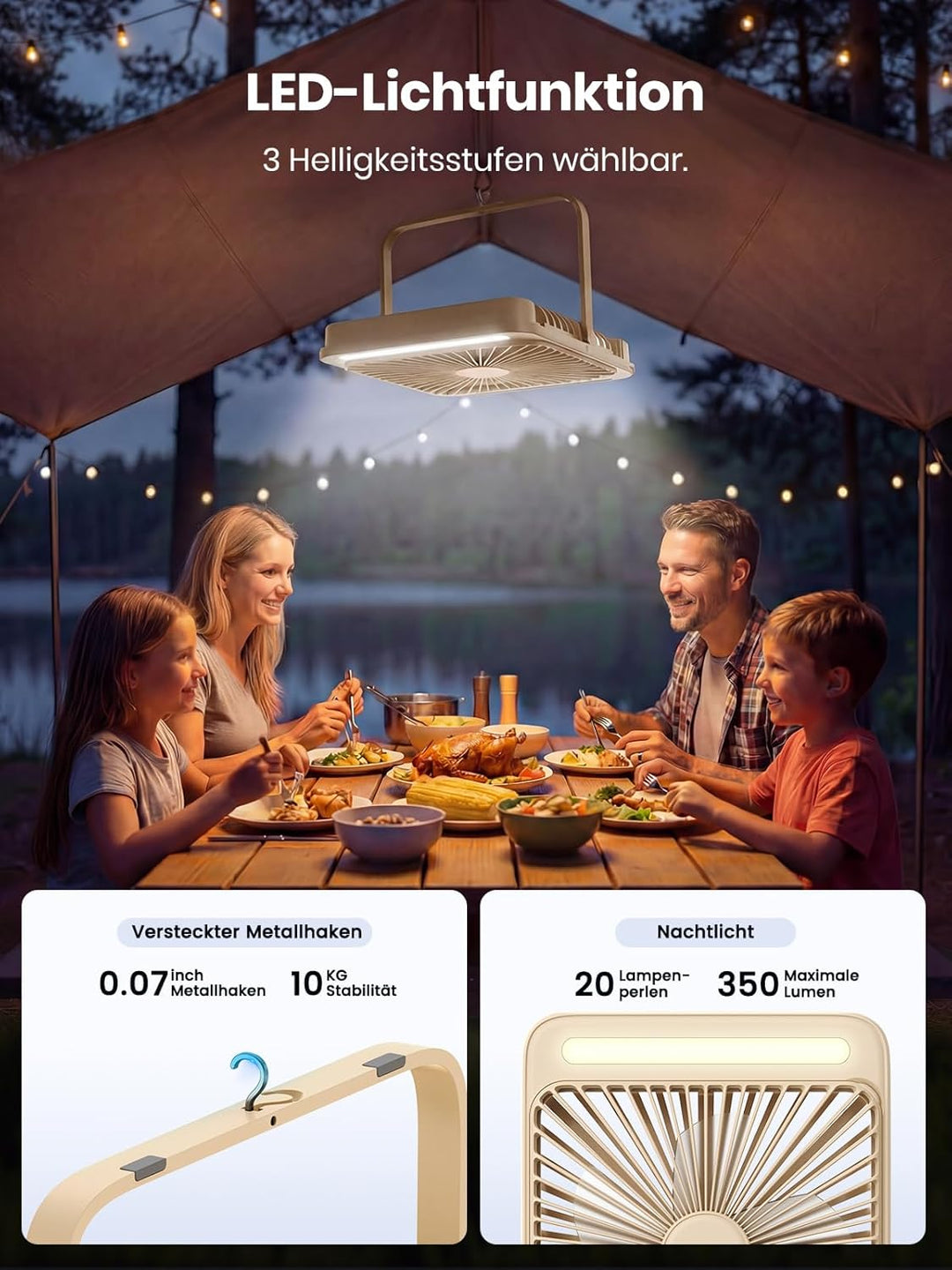 Warmco 20000mAh Akku Camping Ventilator 27cm mit Lampe, 15-48 Std. Laufzeit, Ultra-Leise, Ultraflach