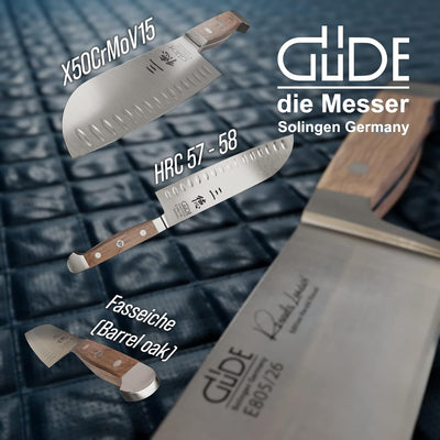 GÜDE Solingen - Santoku Messer mit Kulle geschmiedet, 18 cm, Fasseichenholz, ALPHA FASSEICHE, Doppel