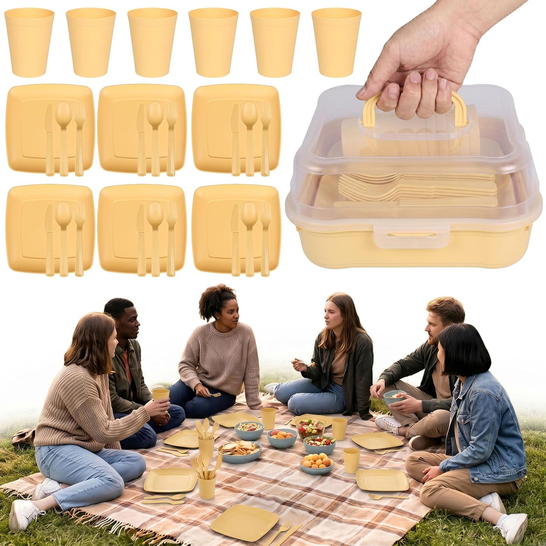 Campinggeschirr im Behälter, 32-teilig, für Picknick und Reisen Gelb, Gelb