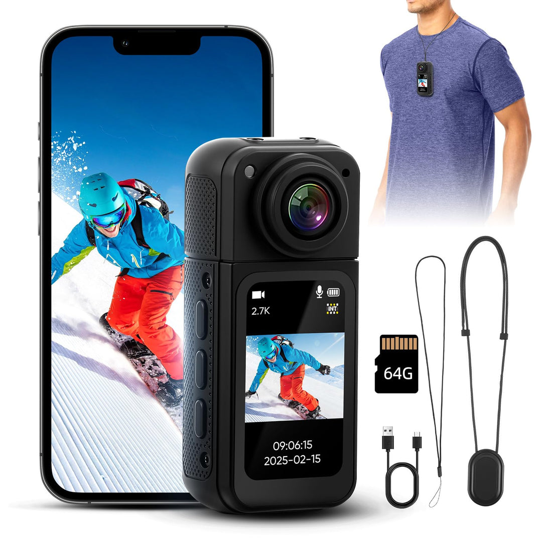 2.7K Mini Action Cam, Bodycam mit 1,47" Display &amp; 180° Linse | Inkl. 64GB Karte, Magnet &amp; Umhängeban