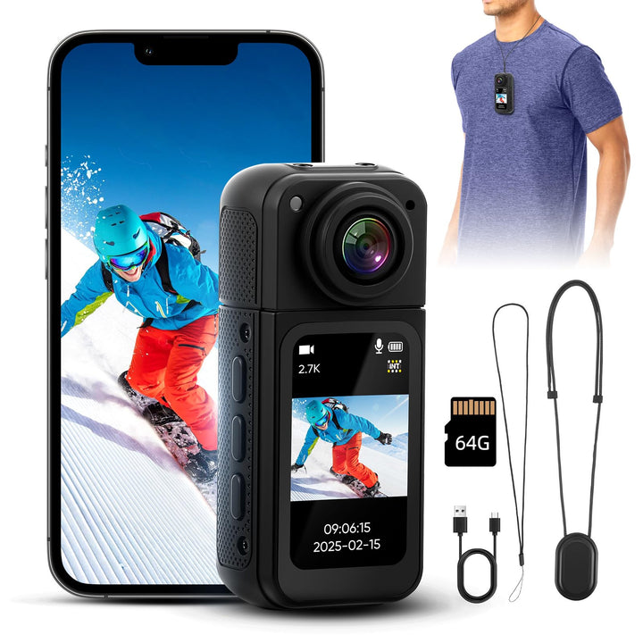 2.7K Mini Action Cam, Bodycam mit 1,47" Display &amp; 180° Linse | Inkl. 64GB Karte, Magnet &amp; Umhängeban