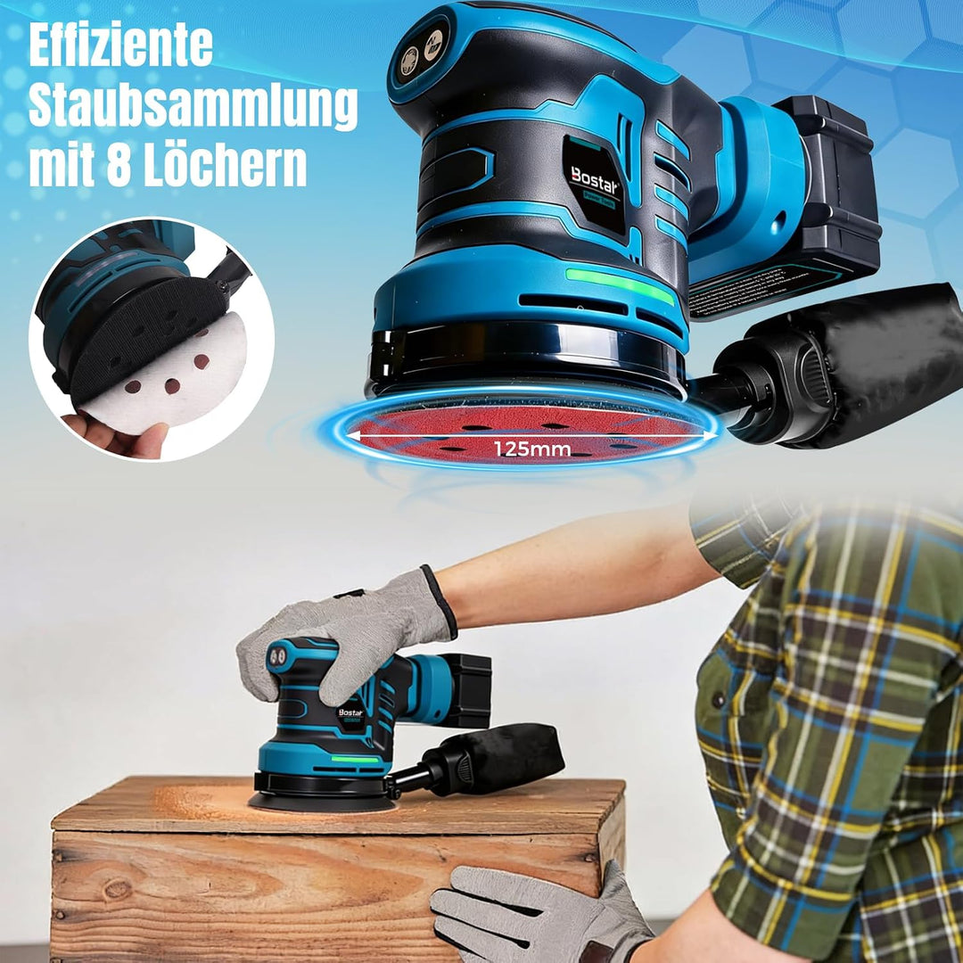 Bostar Akku Exzenterschleifer 18V Set Bürstenlos, Ø 125mm Schleifmaschine mit 2x 3.0Ah Akkus (BMS),