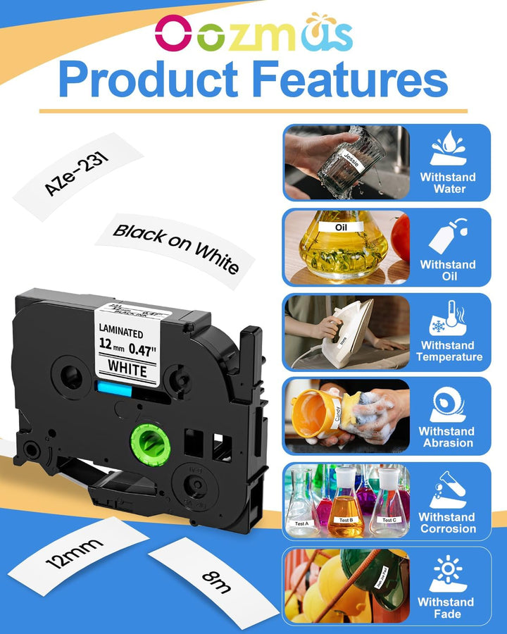 Oozmas TZ Tape 12mm 0.47 White kompatible mit Brother Ptouch Schriftband TZe-231 AZe-231, Laminated