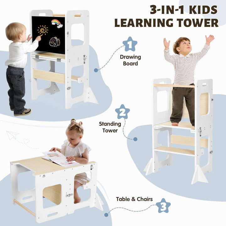 Labebe Lernturm ab 1 Jahr, Montessori Learning Tower mit Tafel, 3 in 1 Multifunktion Lernturm Klappb