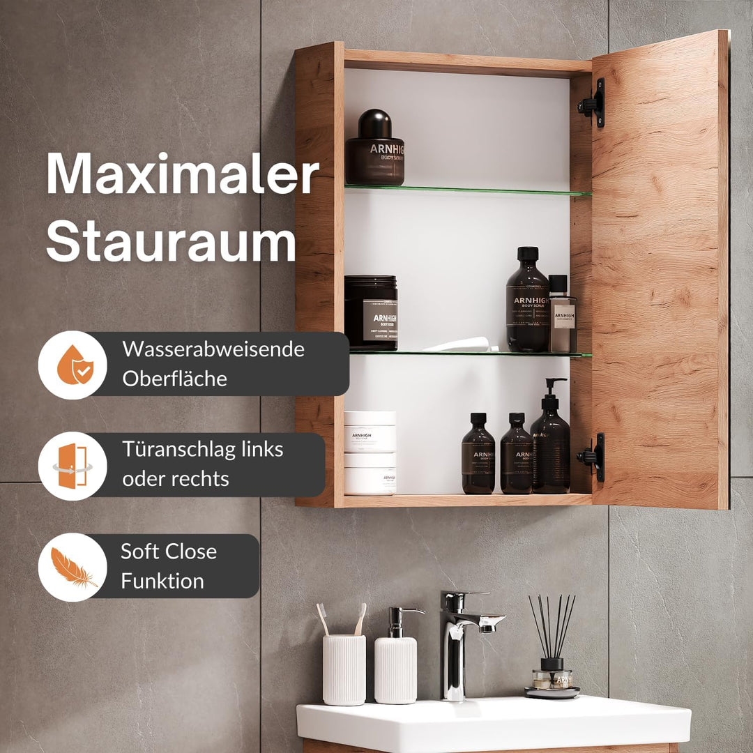 Planetmöbel Waschtisch + Spiegelschrank Badmöbel Set 50cm für Badezimmer WC (Gold Eiche), Gold Eiche