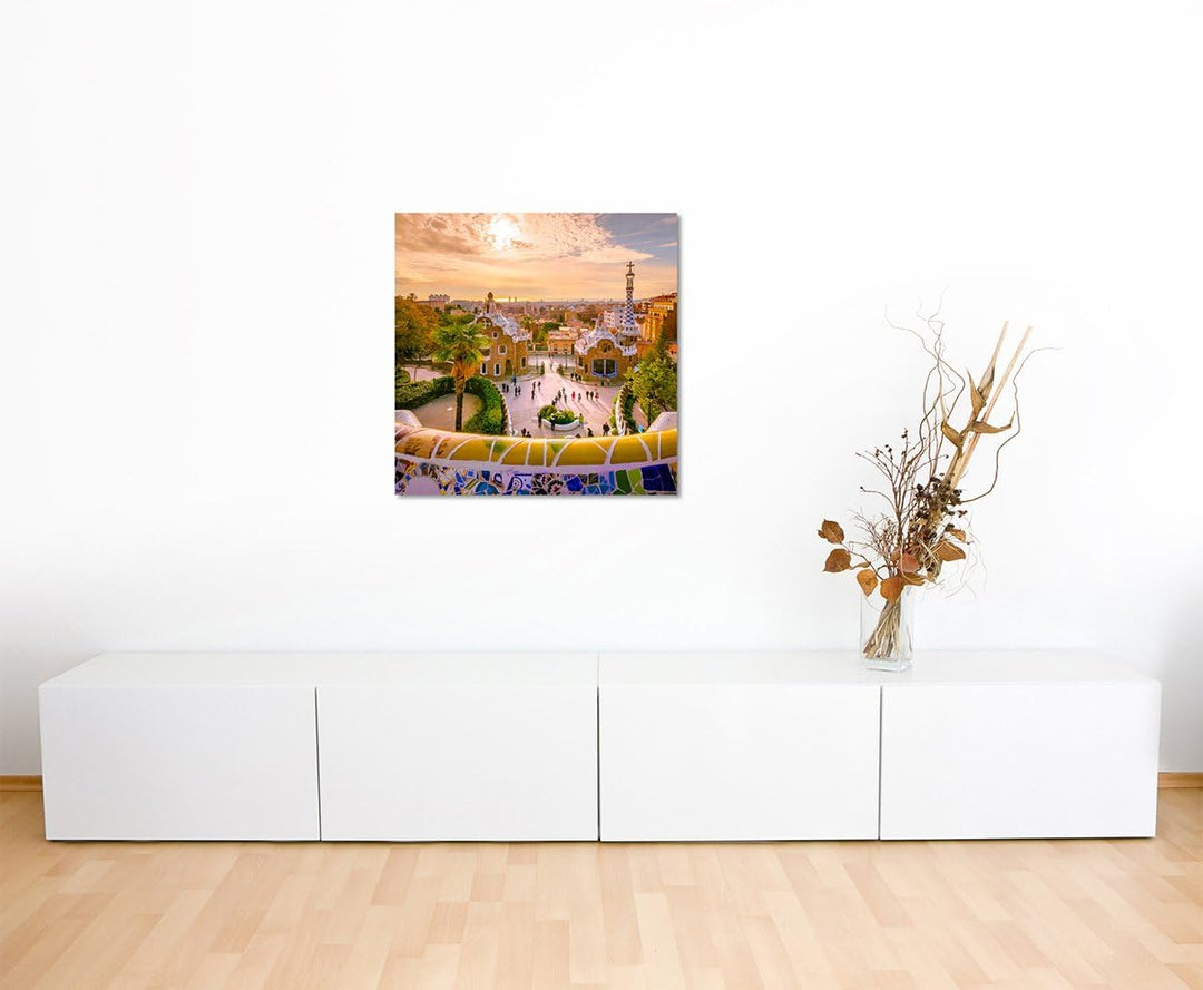 Sinus Art Wandbild 90x90cm Landschaftsfotografie – Park Guell in Barcelona, Spanien, 90x90cm
