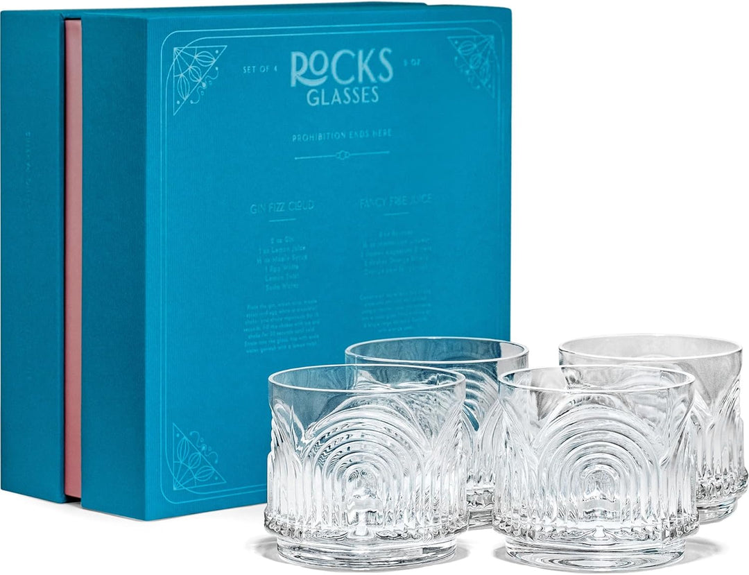 GLASSIQUE CADEAU Vintage Art Deco 1920er Gin, Rum, Whiskey Kurze Cocktailgläser mit Relief | 4er Ges