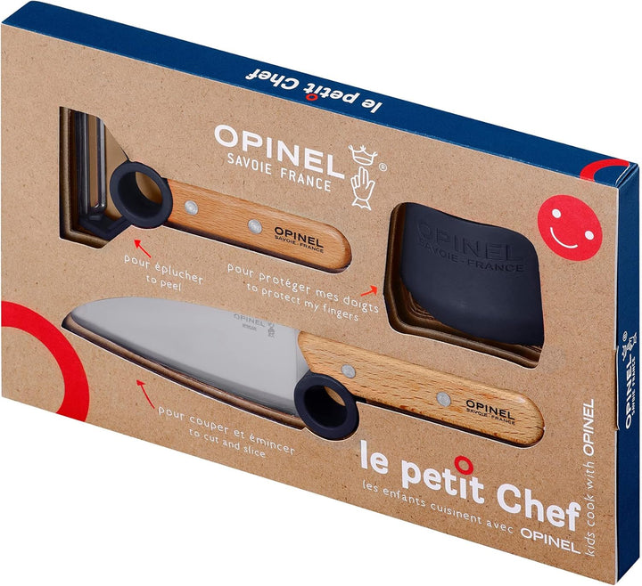 Opinel Le Petit Chef Küchenmesser-Set für Kinder, 3-teilig, in Blau, Kochmesser, Fingerschutz, Spars