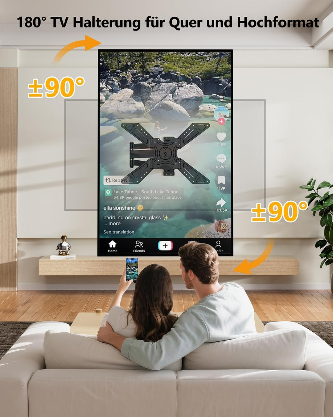 TV Wandhalterung Schwenkbar für 32-75 Zoll Fernseher, 180° Drehung von Querformat zu Hochformat Ecke