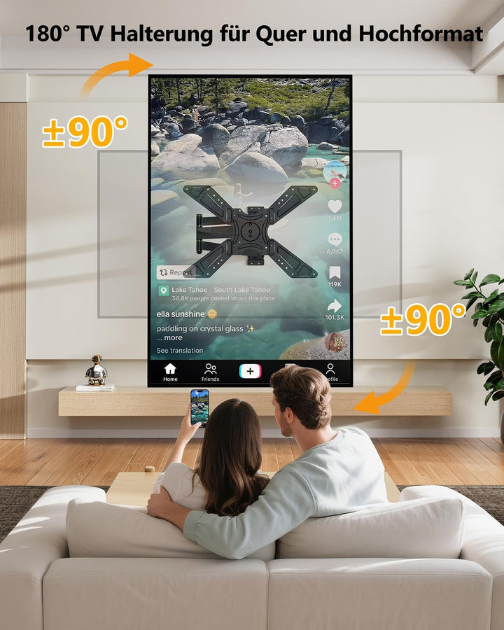TV Wandhalterung Schwenkbar für 32-75 Zoll Fernseher, 180° Drehung von Querformat zu Hochformat Ecke