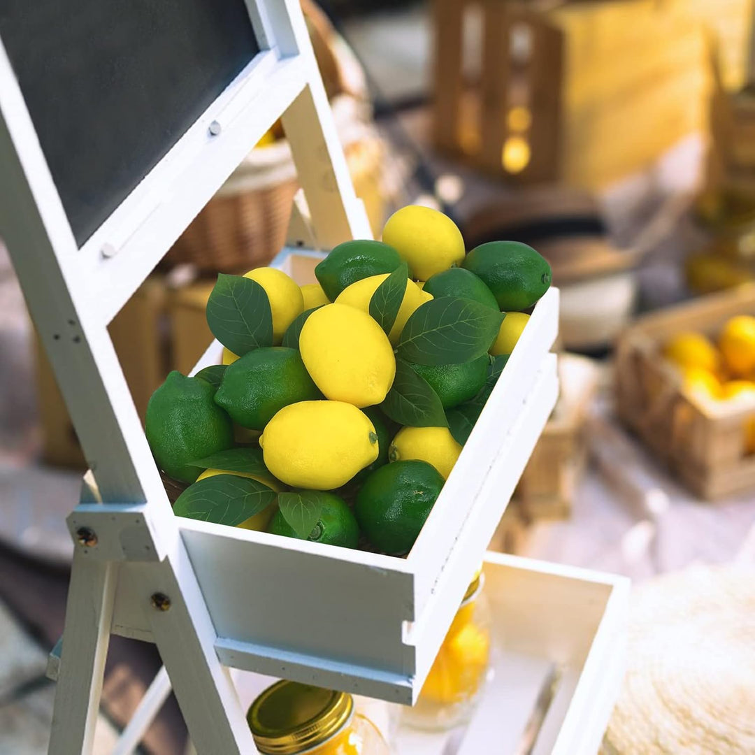 48 Pcs Fake Zitronen deko Künstliche Früchte Lemon mit Blättern, Faux gelbe Zitronen Dekor Realistis