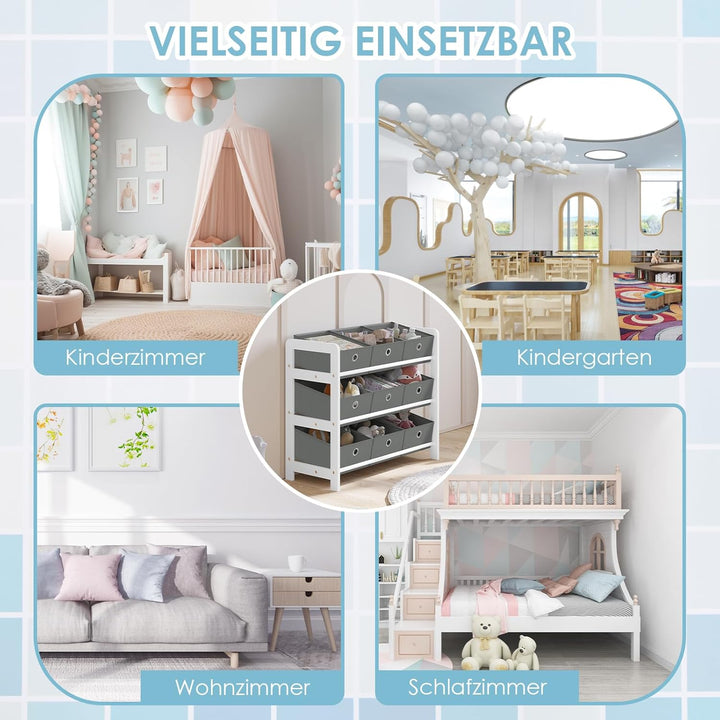 Lestarain Kinderregal mit 9 Boxen, Bücherregal Kinder, Spielzeug Aufbewahrung, Montessori Spielzeugr