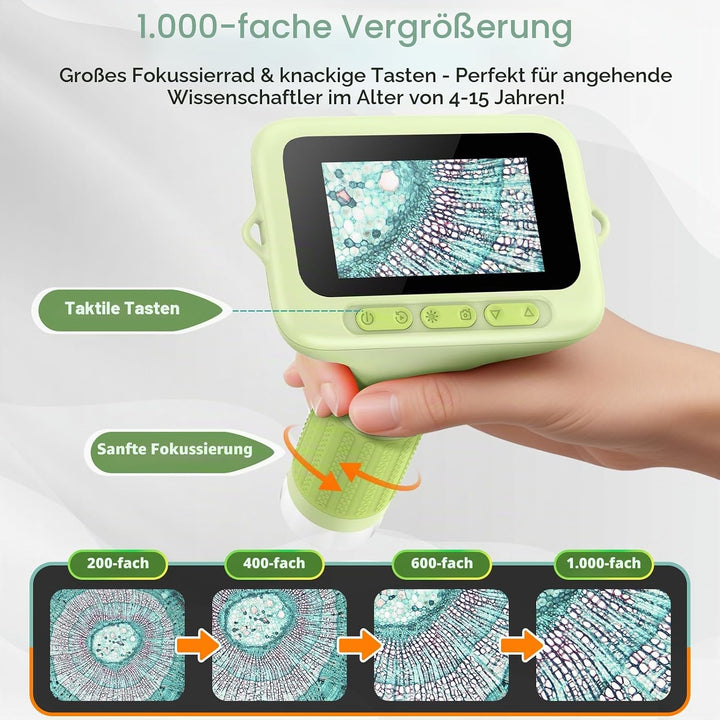 Digitales Mikroskop für Kinder, Mini-Handheld-Miniskop: 1000 x 3 Bildschirme, wiederaufladbar, Mini-