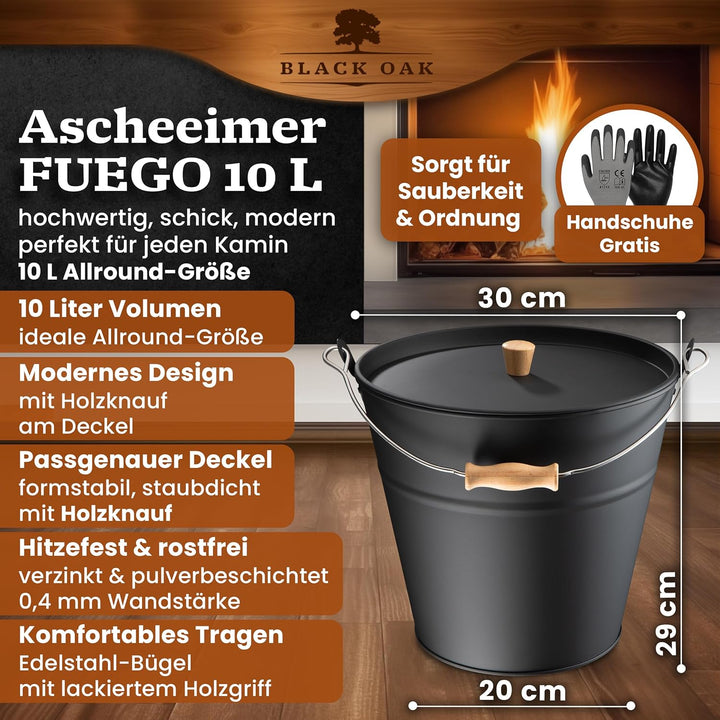 BLACK OAK Ascheeimer Fuego 10L - schwarz mit Deckel mit Holz-Griff & Handschuhen - 10L gross Stahl f