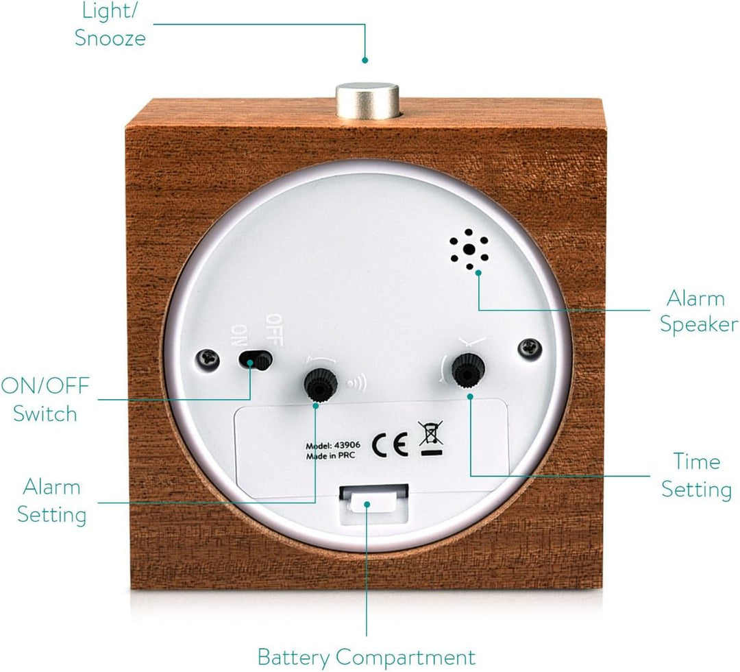 Navaris Analog Holz Wecker mit Snooze - Retro Uhr im Viereck Design mit Ziffernblatt Alarm - Leise T