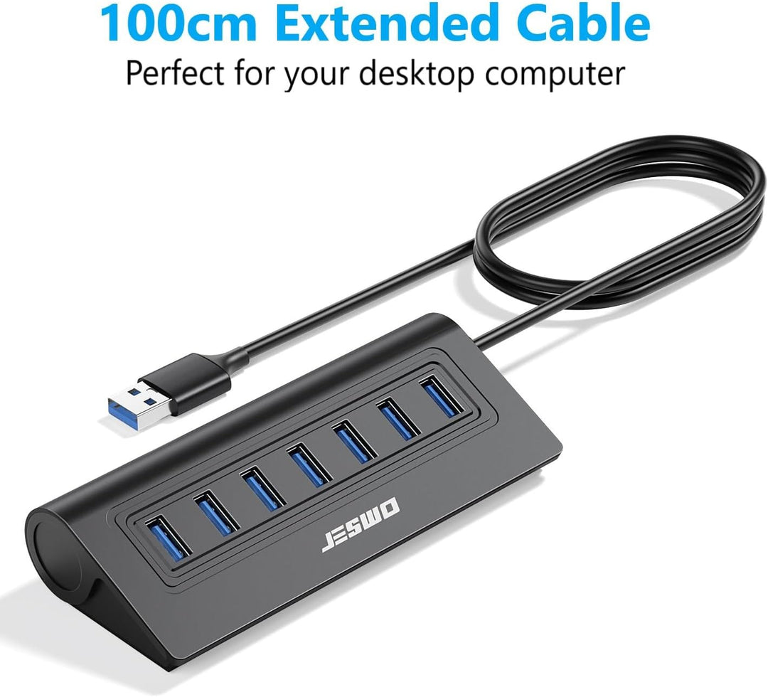 USB HUB mit Netzteil, JESWO 7-Port USB 3.0 Hub, Aluminium USB Verteiler Datenhub mit 100cm Kabel, US